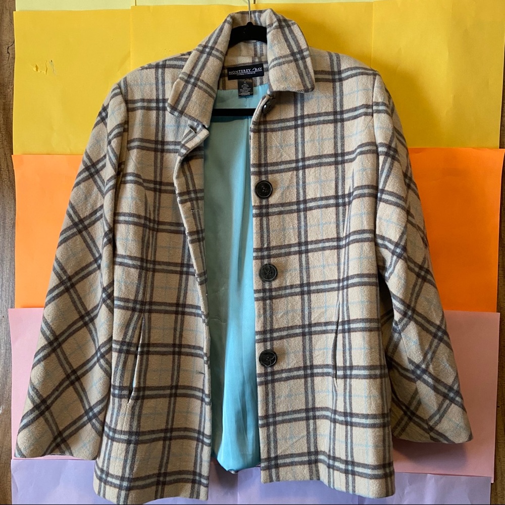 Baby blue lining with a cream pattern pea coat
